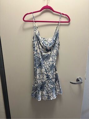Free People White and Blue Floral Cowl Neck Slip Top